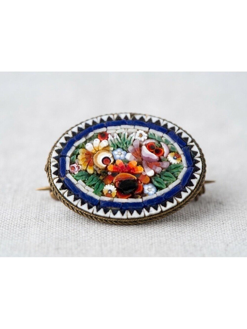 Vintage Italian Micro Mosaic Floral Brooch Pin Oval Brass Blue White Multi 1.25"